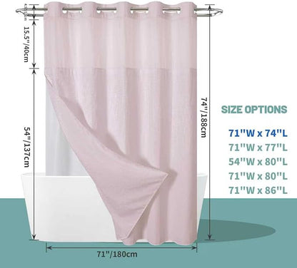 BlushPink No Hook Waffle Weave Shower Curtain with snap-in Liner Replacement, 230GSM Waterproof Fabric Hotel Shower Curtain Set for Bathroom, Through Mesh Top Window,71Wx74H