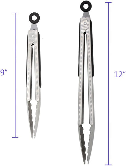 304 Stainless Steel Kitchen Cooking Tongs, 9" and 12" Set of 2 Sturdy Grilling Barbeque Brushed Locking Food Tongs with Ergonomic Grip, Black (Pack of 2)