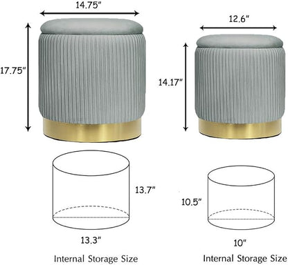 Round Ottoman with Storage Set of 2 Upholstered Velvet Vanity Stool Small Ottoman Coffee Table, Foot Stool, Removable Lid, for Living Room, Bedroom, Hallway, Assembly Free (Light Grey)