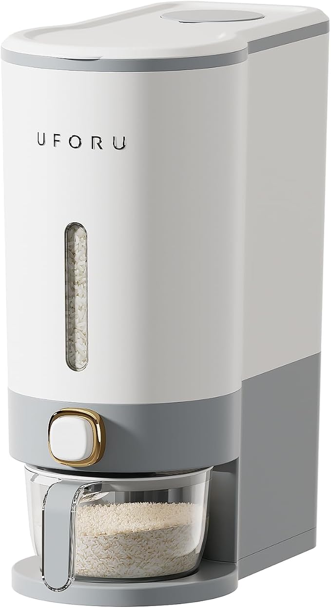 UFORU Rice Dispenser, Rice Storage Container with Measuring Cup for Kitchen Pantry Household, Cereal Dry Food Storage Containers Airtight, Sealed Moisture Proof, (Gray 22 Lbs)