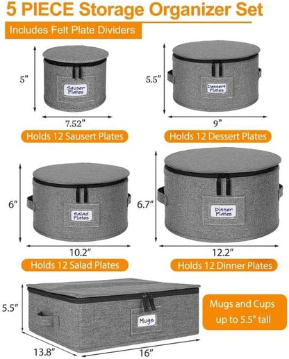 punemi China Storage Containers 5-Piece Set w/Hard Shell Sides & Bottom, Quilted Stackable Plate & Dish Storage Protectors, Adjustable Mug and Cup Storage Organizer for Moving and Dinnerware storage