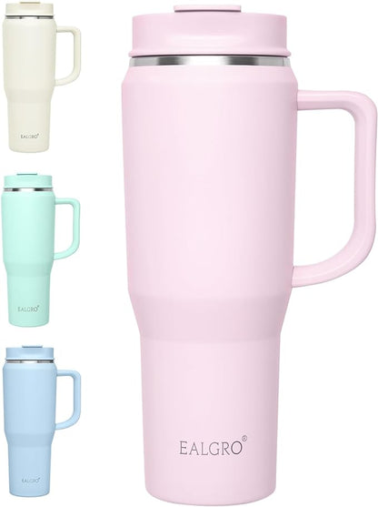 EALGRO 40 oz Tumbler with Handle, Insulated Tumblers with Lid and Straw, Large Metal Sports Water Bottle Jug, Thermal Stainless Steel Travel Coffee Mug Cup, Blush