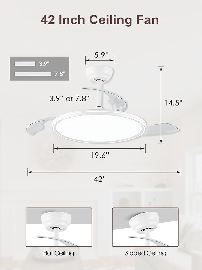 42 inch Retractable Ceiling Fan with Lights, White Low Profile Ceiling Fan with 3CCT Dimmable 6 Speeds Quiet Reversible DC Motor, Modern Fandelier for Living Room Dinning Room Kitchen