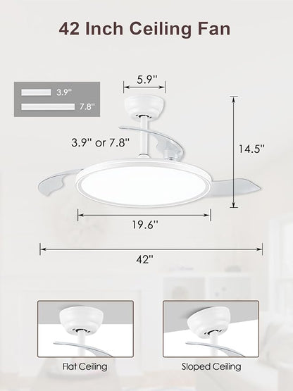 42 inch Retractable Ceiling Fan with Lights, White Low Profile Ceiling Fan with 3CCT Dimmable 6 Speeds Quiet Reversible DC Motor, Modern Fandelier for Living Room Dinning Room Kitchen