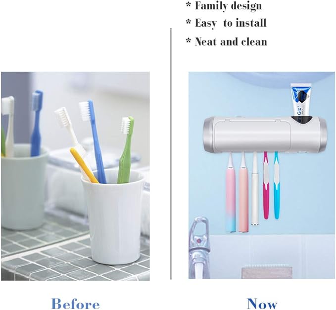 Toothbrush Holder Cleaner with Fan Drying & 6min Timing Function, 5 Toothbrush Slots, Rechargeable Bathroom Wall Mounted Fit Sonic and Manual Toothbrushes
