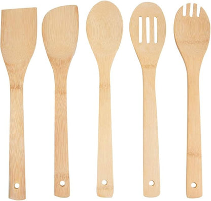Print Supremacy 5 PCS Natural Eco-Friendly Bamboo Cooking Utensil Set/Spoon,Folk & Spatula Mix/Non Stick Wooden Kitchen Gadgets Pan Cookware Baking Cooking/Great Gift For Chefs & Foodies