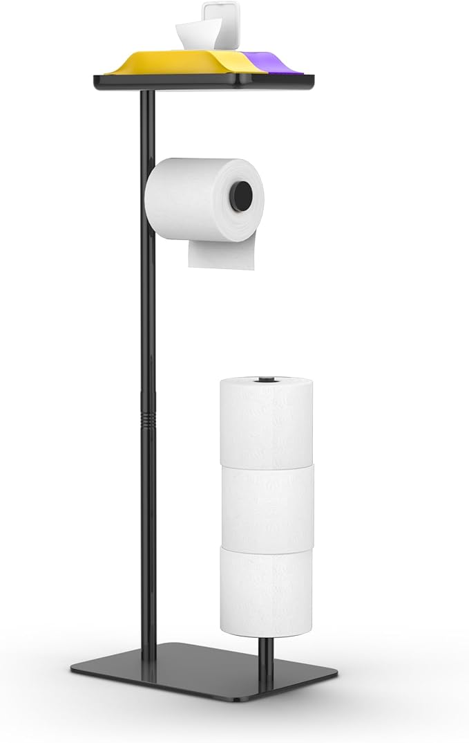 Day Moon™ Matte Black Toilet Paper Holder Free Standing Toilet Paper Holder with Storage - Toilet Paper Stand and Tissue Holder for Bathroom - Toilet Paper Holder with Shelf and Wipe Holder