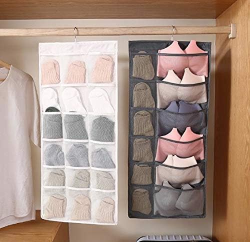 Closet Hanging Organizer with Mesh Pockets & Rotating Metal Hanger,Dual Sided Wall Shelf Wardrobe Storage Bags,Oxford Cloth Space Saver Bag for Bra Underwear Underpants Socks (white)