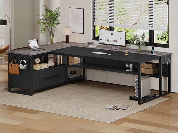 71" Executive Desk, Large Office Desk with Widen File Drawers & Power Outlets, Reversible L Shaped Computer Desk Corner Desk with Storage Shelves, CPU Stand, Hooks, Business Furniture (Grey)
