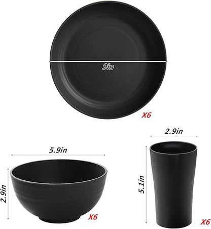 18 Piece Wheat Straw Dinnerware Sets - Kitchen Plates and Bowls Set SANLUNS Unbreakable Reusable Dinnerware Set Dishes set Dishwasher and Microwave Safe Plates Black