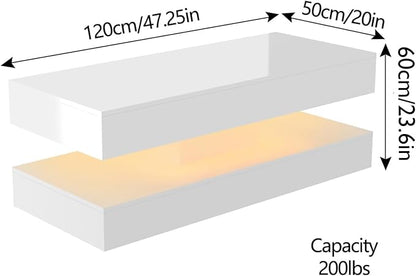 Uspeedy 47.3in Large High Glossy LED Coffee Table with 2 Storage Drawers,Black/White Modern Coffee Tables for Living Room,Living Room Tables,APP LED Lights (White)