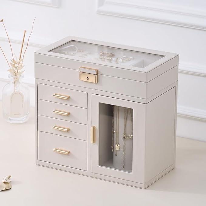 CASEGRACE Large 5-Layer Jewelry Organizer Box with 360° Rotating Necklace Holder, 4 Drawers -Jewelry Case for Necklaces, Rings, Earrings, Bracelets, Watches | Elegant Storage & Gift for Women