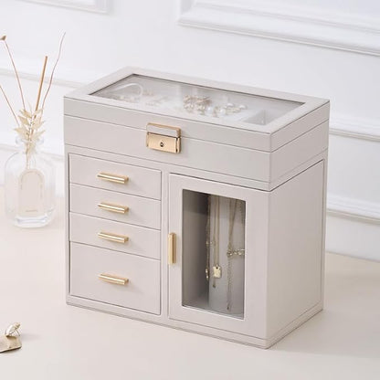 CASEGRACE Large 5-Layer Jewelry Organizer Box with 360° Rotating Necklace Holder, 4 Drawers -Jewelry Case for Necklaces, Rings, Earrings, Bracelets, Watches | Elegant Storage & Gift for Women