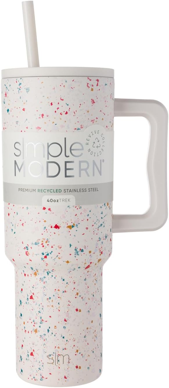 Simple Modern 40 oz Trek Tumbler with Handle and Straw Lid | Cup Holder Friendly Insulated Stainless Steel Travel Mug | Cream Terrazzo