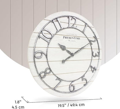 Presentime & Co Classic Farmhouse Shiplap Clock, 19.5 inch, Galvanized Finish Arabic Numerals with White Shiplap Style. Large Farmhouse Decor for Living Room, Entryway, Home Office. Wall Décor