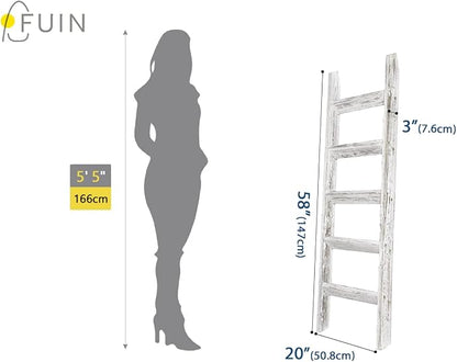 FUIN 5ft (58") Wood Blanket Ladder Living Room Decorative Wall Leaning Farmhouse Quilt Display Holder Wooden Towel Rack for Bathroom, Rustic White