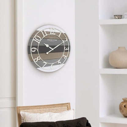 Presentime & Co Modern Farmhouse Shiplap Clock, 19.5 inch, White Arabic Numerals with Multicolor Woodgrain Shiplap Style. Large Farmhouse Decor for Living Room, Entryway, Home Office. Wall Décor