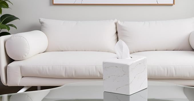 Marble Tissue Box Cover Square Decorative Stone Klenex Box Holder for Bathroom & Living Room with Handcrafted Texture (Marble-B)
