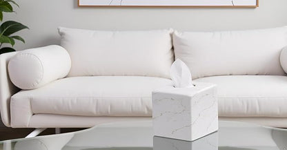 Marble Tissue Box Cover Square Decorative Stone Klenex Box Holder for Bathroom & Living Room with Handcrafted Texture (Marble-B)