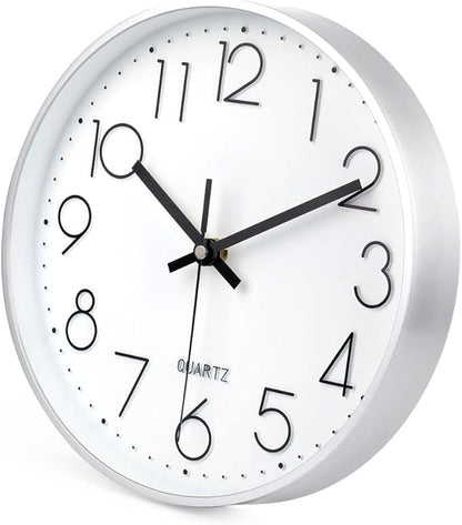 jomparis 10 Inch Silver Wall Clock Battery Operated Silent & Non-Ticking Wall Clock for Home Office Bathroom