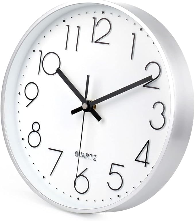 jomparis 10 Inch Silver Wall Clock Battery Operated Silent & Non-Ticking Wall Clock for Home Office Bathroom