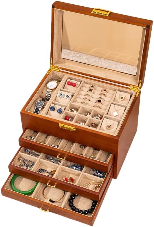 Walnut Wood Jewelry Box, 4-Tier Soild Wood Jewelry Box with 3 Drawers Large Storage Lockable Jewelry Organizer with Glass Lid Christmas Gifts for Necklaces Rings Earring Watches Bracelets