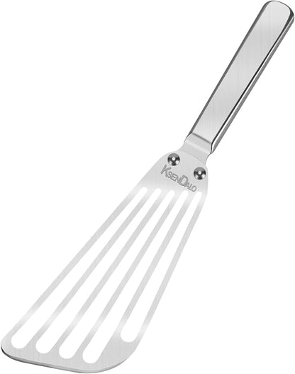 KSENDALO Flexible Stainless Steel Fish Spatula - Slotted Thin Metal Turner with Riveted Handle, Angled Blade & Hollow Grip for Cooking Eggs, Pancakes and Fillets (1 Pack)
