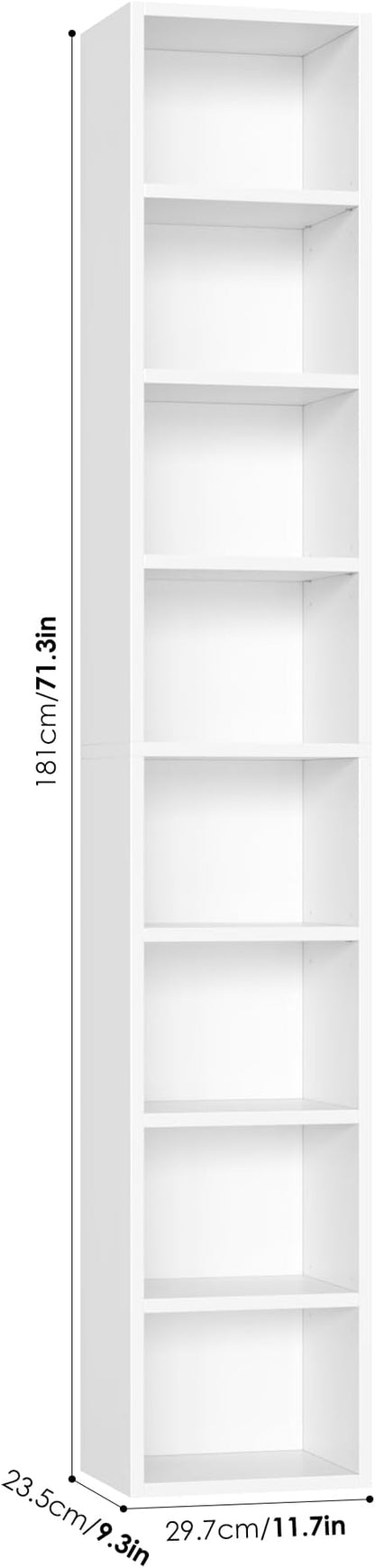 FOTOSOK White Bookshelf 8-Tier Narrow Bookshelf, 11.6 X 9.3 X 70.9 Tall CD DVD Media Tower Rack with 4 Adjustable Shelves, Tall Narrow Bookcase Slim Display Bookshelf with Cube Storage for Home Office