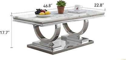 1 Piece Living Room Coffee Table Luxury Faux Marble Center Table, Modern White Silver Coffee Table with Double O Shape Stainless Steel Pedestal Base, 1 Table Only