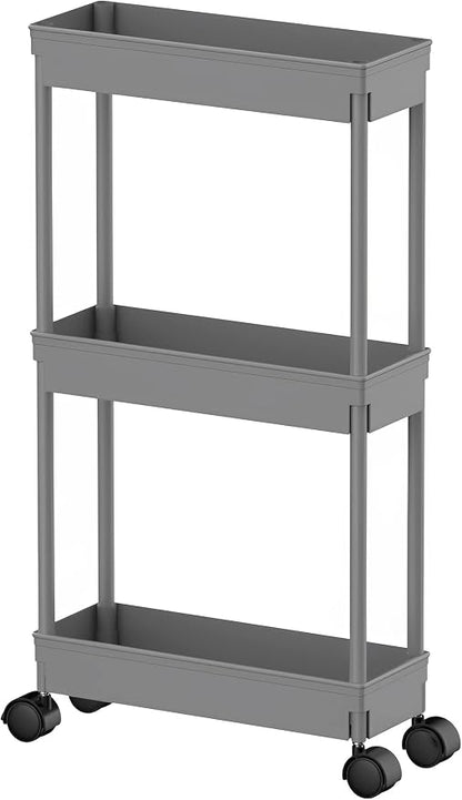 Sooyee Slim Storage Cart,3 Tier Bathroom Rolling Utility Cart Storage Organizer Slide Out Cart, Mobile Shelving Unit Organizer Trolley for Office Bathroom Kitchen Laundry Room Narrow Places, Grey