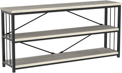 LVB Long Console Table with Storage, Farmhouse Rustic Skinny Entryway Table, Modern Wood Metal Hallway Sofa Table with Shelf, Industrial Narrow Couch Entry Table for Foyer Living Room, Light Grey, 63