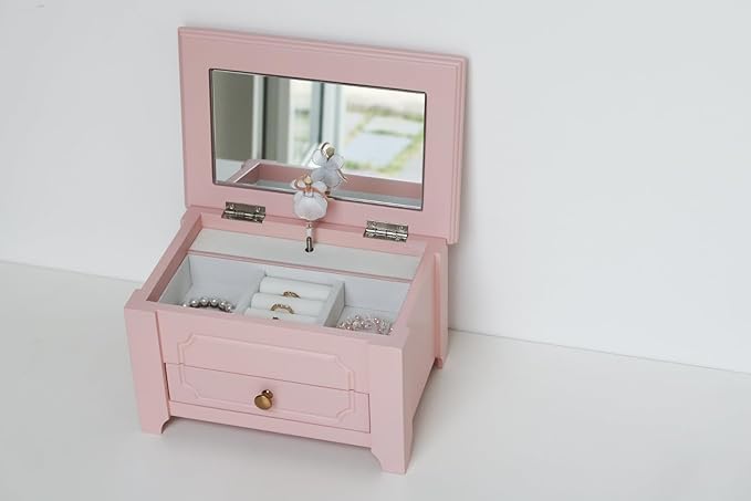 Kids Musical Jewelry Box with Lock and Mirror, Wooden Jewelry Organizer with Spinning Ballerina and You Are My Sunshine Music, Home Decor & Gifts for Girls (Pink, Large)