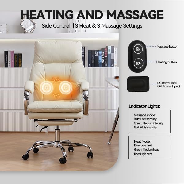 LEAGOO Heated Massage Office Chair with Foot Rest, Reclining Ergonomic Executive Office Chair with Massager for Lower Back, High Back PU Leather Comfy Heated Computer Desk Chair with Wheels, White