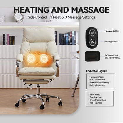 LEAGOO Heated Massage Office Chair with Foot Rest, Reclining Ergonomic Executive Office Chair with Massager for Lower Back, High Back PU Leather Comfy Heated Computer Desk Chair with Wheels, White