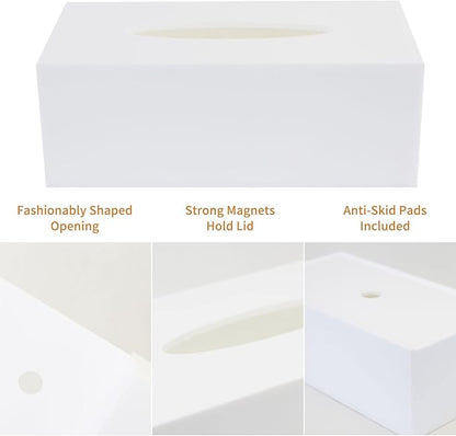 Acrylic Tissue Box Cover Rectangle, PITBVO White Tissue Box Holder, Facial Napkin Dispenser for Bathroom Kitchen Bedroom Office Hotel Use Shiny White