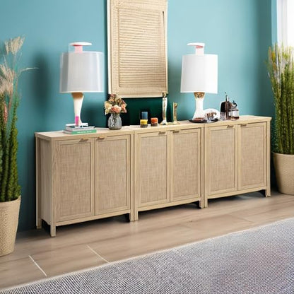 SICOTAS Rattan Cabinet Sideboard Buffet Storage Cabinet - 3 Pieces Farmhouse Boho Credenza Coffee Bar Cabinet with Rattan Decorated Doors for Kitchen Living Room - Light Oak