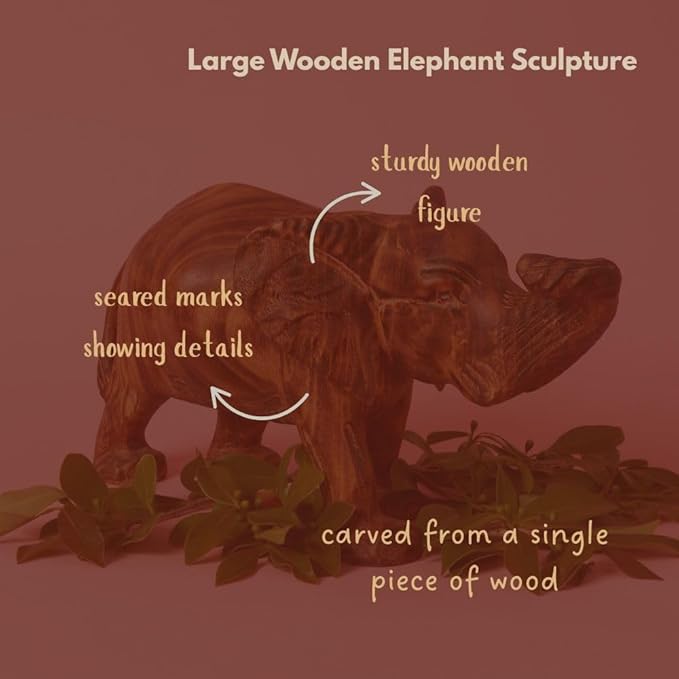 Large Wood Elephant Sculpture, Statues, Animal Figurines, Home Decor Accents, Living Room, Office, Desk, Coffee Table, Book Shelf, Hand Carved, African, Brown