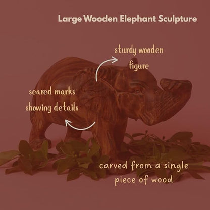 Large Wood Elephant Sculpture, Statues, Animal Figurines, Home Decor Accents, Living Room, Office, Desk, Coffee Table, Book Shelf, Hand Carved, African, Brown