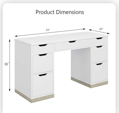 White Desk with 7 Drawers, 54 Inch Executive Desk with Drawers for Bedroom, Home Office Desk with Cabinet for Work Writing Study, Small Spaces