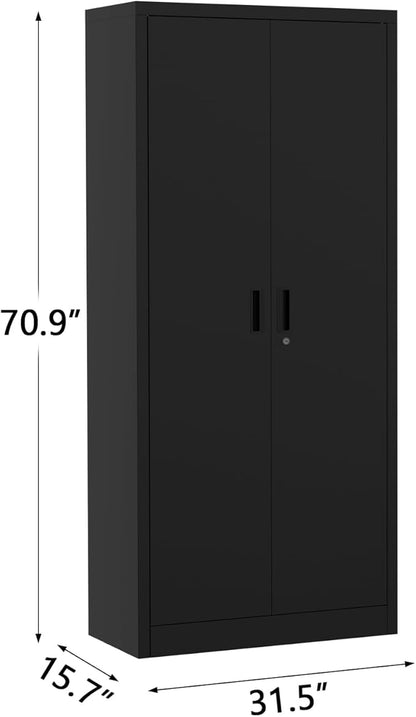 GarveeHome 71 in Tall Metal Storage Cabinet with Doors & 4 Adjustable Shelves,Heavy Duty Lockable Cabinet for Pantry/Garage/Office - Adjustable Feet, Multi-Use Craft/Shop Organization (Black)