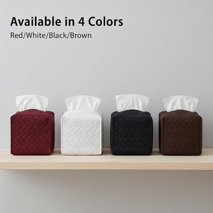 Tissue Box Cover 2-Pack, Square Tissue Holder with Bottom Belt, Modern Tissue Case Facial Paper Organizer Dispenser for Bathroom, Office, Home, Table, Car, Leaf Pattern Red