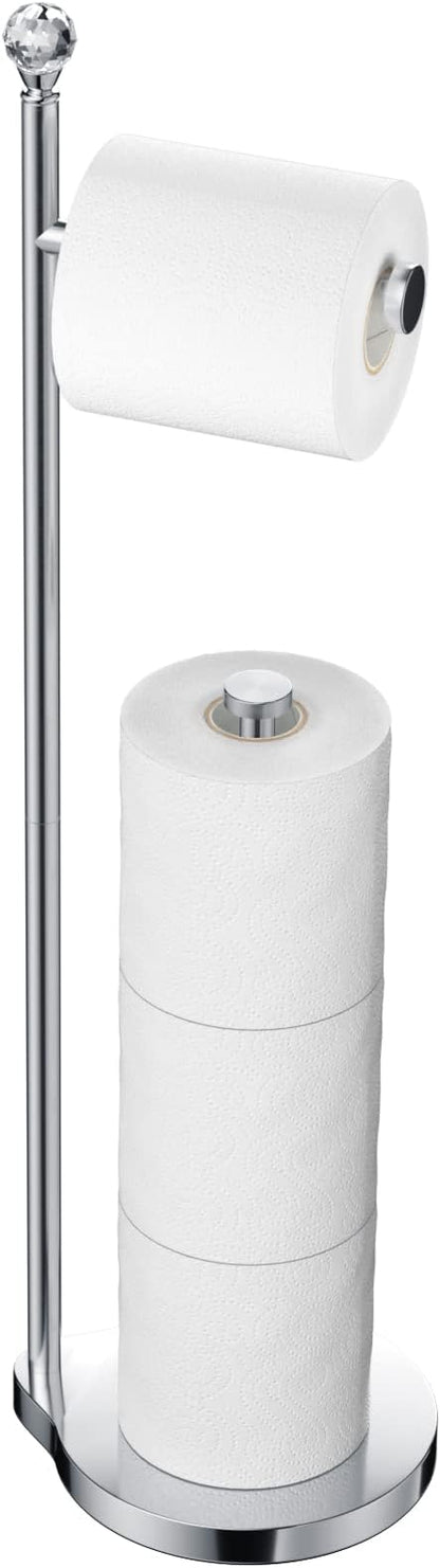KASUNTO Toilet Paper Holder for Bathroom, Heavy Weighted Metal Free Standing Toilet Paper Storage with Crystal Ball, Toilet Paper Stand for Bathroom Accessories, Polished Chrome [Holds MEGA Rolls]