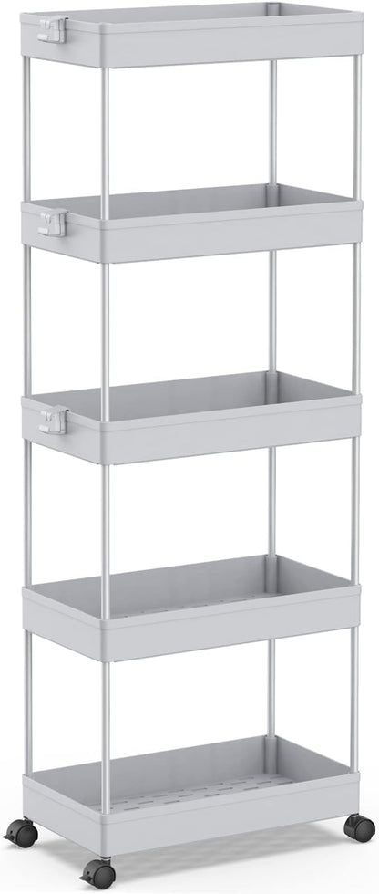 SPACEKEEPER 5-Tier Rolling Cart, Bathroom Storage Organizer Utility Cart, Mobile Shelving Unit Slide Out Shelves for Kitchen Living Room Laundry Room & Dressers,Gray