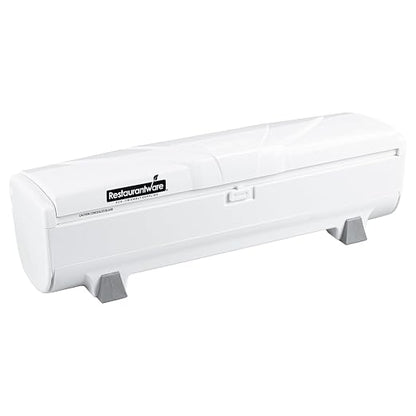 Restaurantware-Chef 101 Food Wrap Dispenser with Cutter, 1 Refillable Cling Wrap Dispenser - Fits 12” to 18” x 2000’ Rolls, Press Down and Cut, White Plastic Aluminum Foil, Sharp Blade