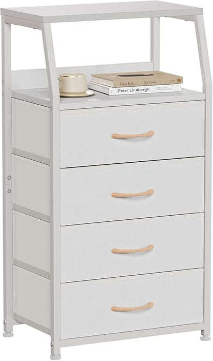 Furnulem Tall 4 Drawers Dresser, Vertical Storage Tower for Bedroom, Hallway, Entryway, Nursery, Closet Organizer, Nightstand Bedside Table Furniture, Sturdy Steel Frame, Wood Top, White
