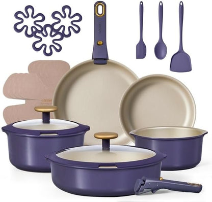 CAROTE 19 Pcs Pots and Pans Set, Nonstick Cookware Sets with Detachable Handle, Purple Dishwasher Safe, Oven Safe, Cookware Non Stick Cooking Set w/Frying Pans & Saucepans(PFOS, PFOA Free)