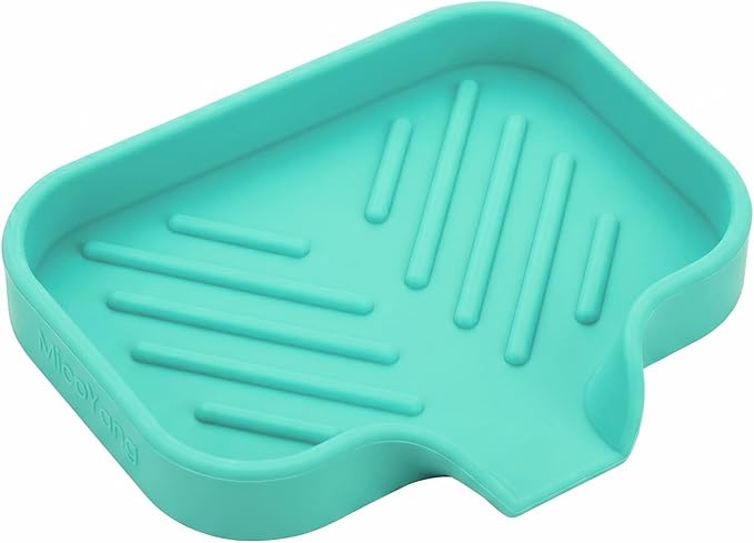MicoYang Silicone Soap Dish with Drain Spout, Self-Draining Sink Organizer Tray for Bathroom and Kitchen, Sponges, Dispensers and Soap Holder, Non-Slip and Dishwasher Safe, Mint (Compact, 4.9"×3.2")