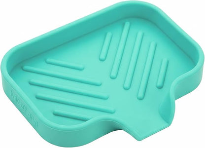 MicoYang Silicone Soap Dish with Drain Spout, Self-Draining Sink Organizer Tray for Bathroom and Kitchen, Sponges, Dispensers and Soap Holder, Non-Slip and Dishwasher Safe, Mint (Compact, 4.9"×3.2")