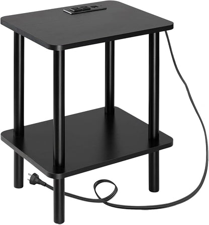 FORAOFUR End Table with Charge Station, Black Small Side Table with USB Ports and Outlets, Narrow Side Table for Living Room, Bedroom and Office, Small Nightstand with Charging Station