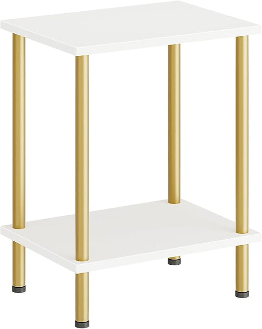 HOOBRO End Table, Small Side Table, Nightstand with 2-Layer Storage Shelves, Sofa Table for Small Spaces, Living Room, Bedroom, Stable Frame, Easy Assembly, White and Gold DW09BZ01